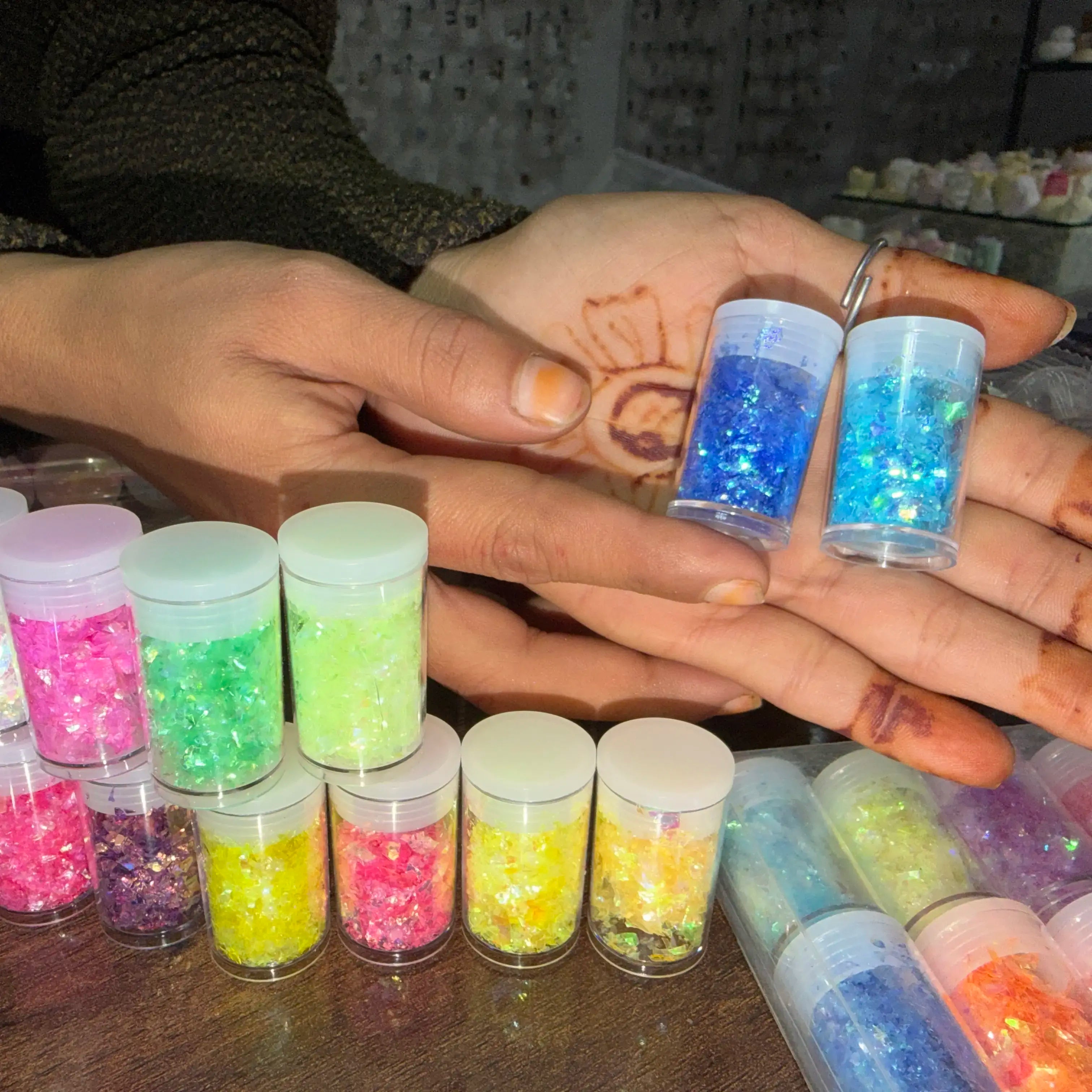 12 pc colour flakes mini bottles for decoration