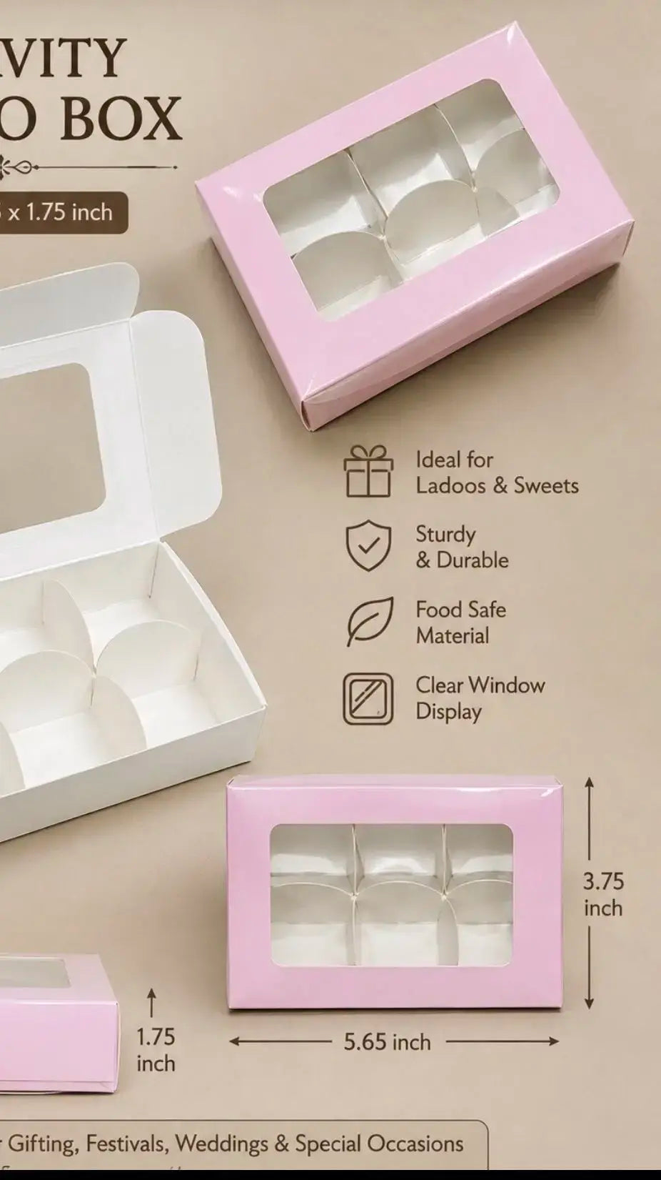 Pink box 25 pc 6 cavity ladoo box